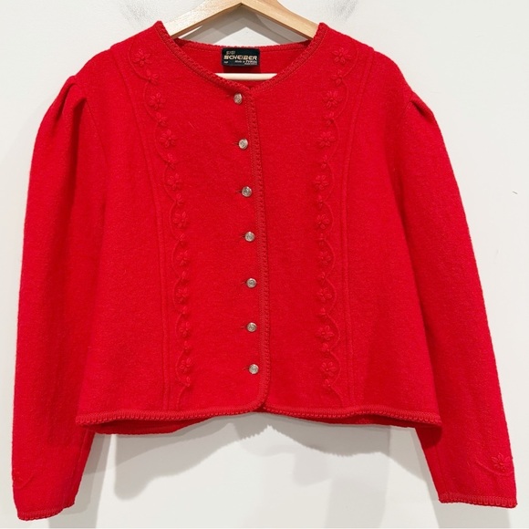 Sweaters - Vintage Sigi Scheiber Red Boiled Wool Cardigan Floral Embroidery Austria Size 12